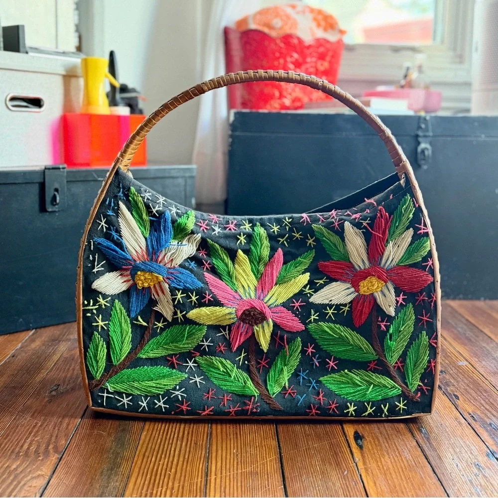 Vintage 70s wicker frame hand embroidered fabric basket tote